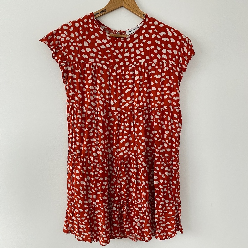 ANGASHION Red White Short Sleeve Midi Summer Dress Medium M